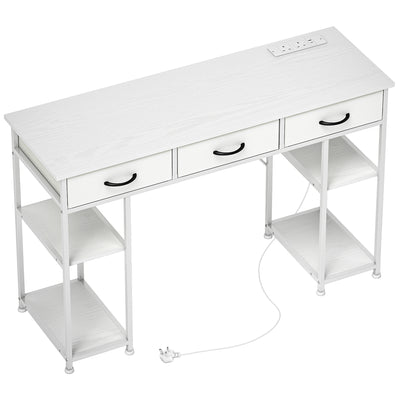 HOMCOM 120cm Computer Desk with Power Outlets, Office Desk Study Table with 3 Fabric Drawers and 4 Storage Shelves, White 
