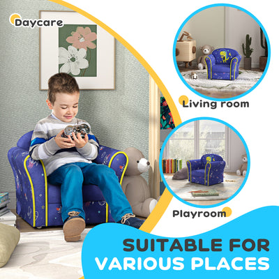 AIYAPLAY Kids Armchair with Planet Dinosaurs Design, Wooden Frame, for Bedroom, Playroom, Kids Room - Blue 