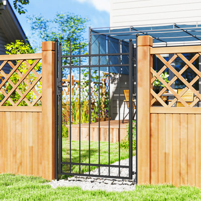 Outsunny Galvanised Steel Garden Gate, Outdoor Fence Gate Security Barrier with Lock, Keys and Handle, Outdoor Entrance Way Door with Classic Finials, 105 x 204 cm, Black 