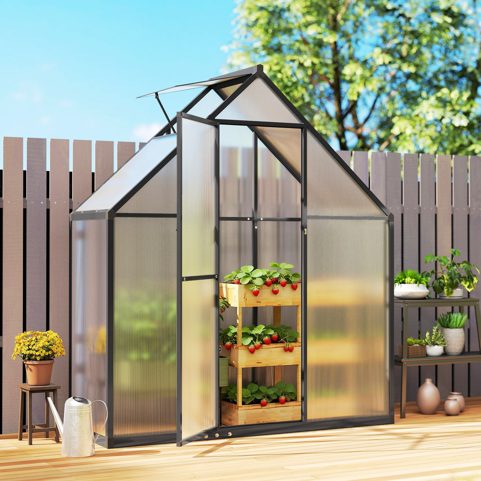Outsunny Polycarbonate Greenhouse with Swing Door and Adjustable Window, Walk-in Greenhouse, 5.5 x 2ft, Black 