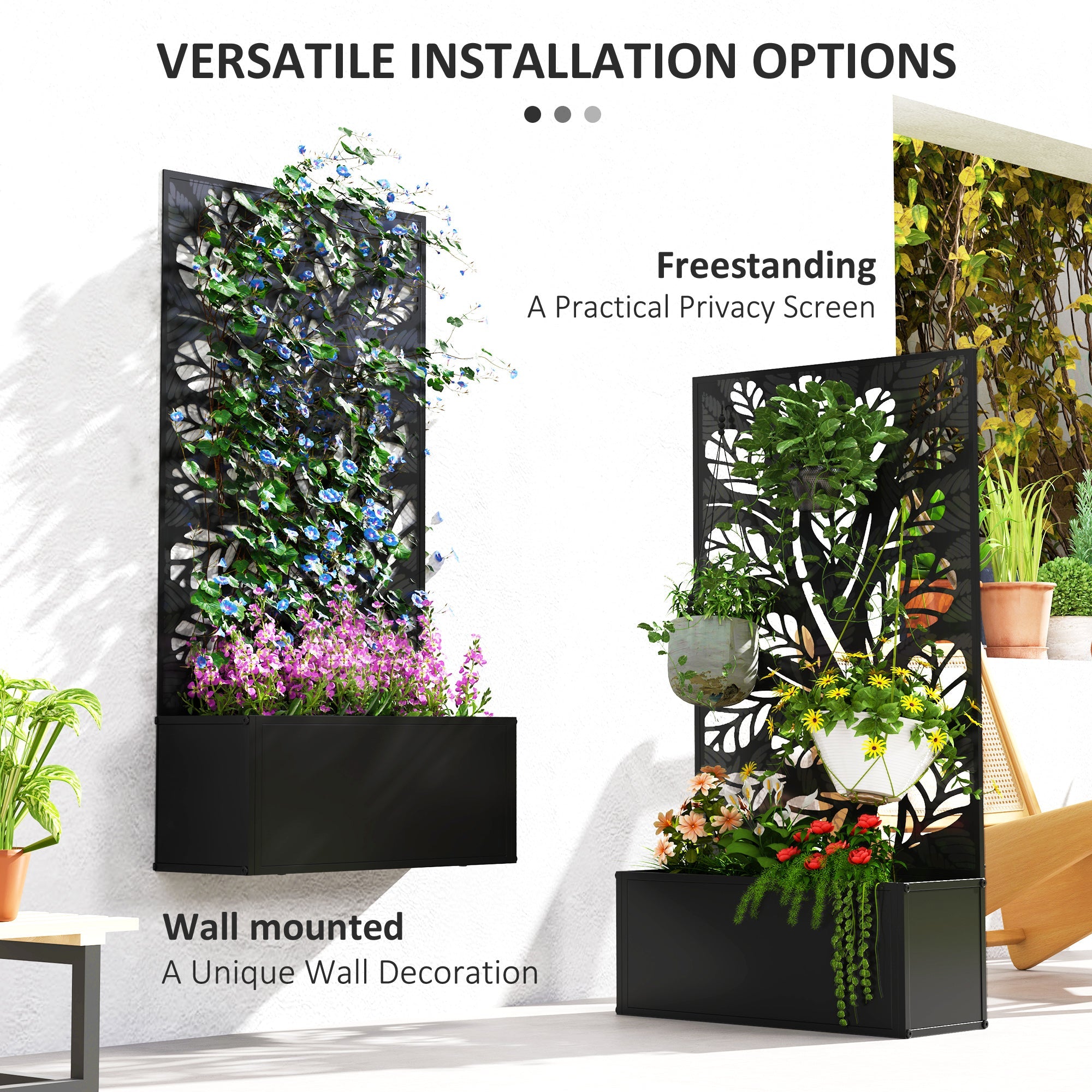 Outsunny Outdoor Metal Planter, with Back Trellis - Black 