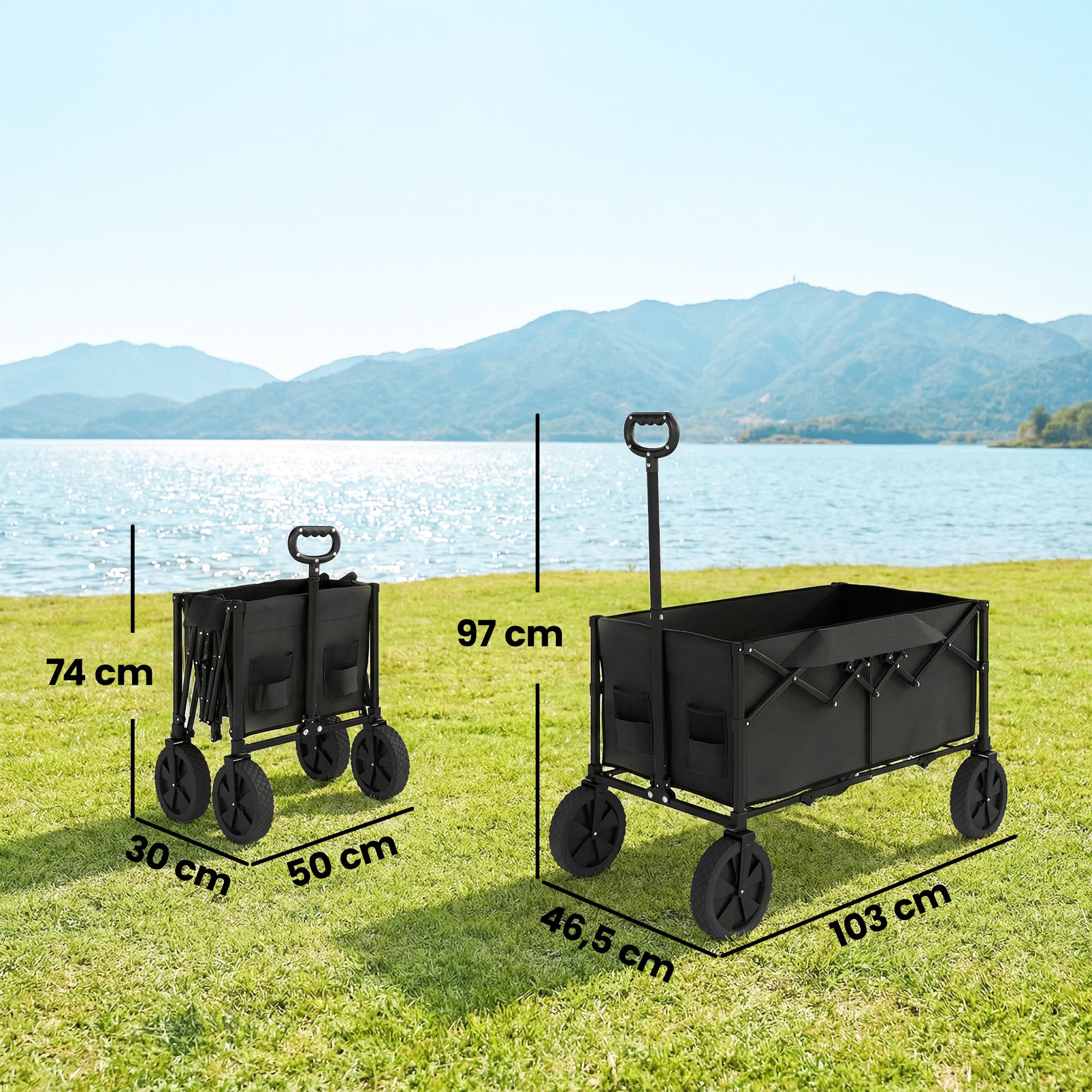 Outsunny 95L Foldable Festival Trolley on Wheels, Collapsible Wagon Cart with Adjustable Handle and 2 Cup Holders, Black 