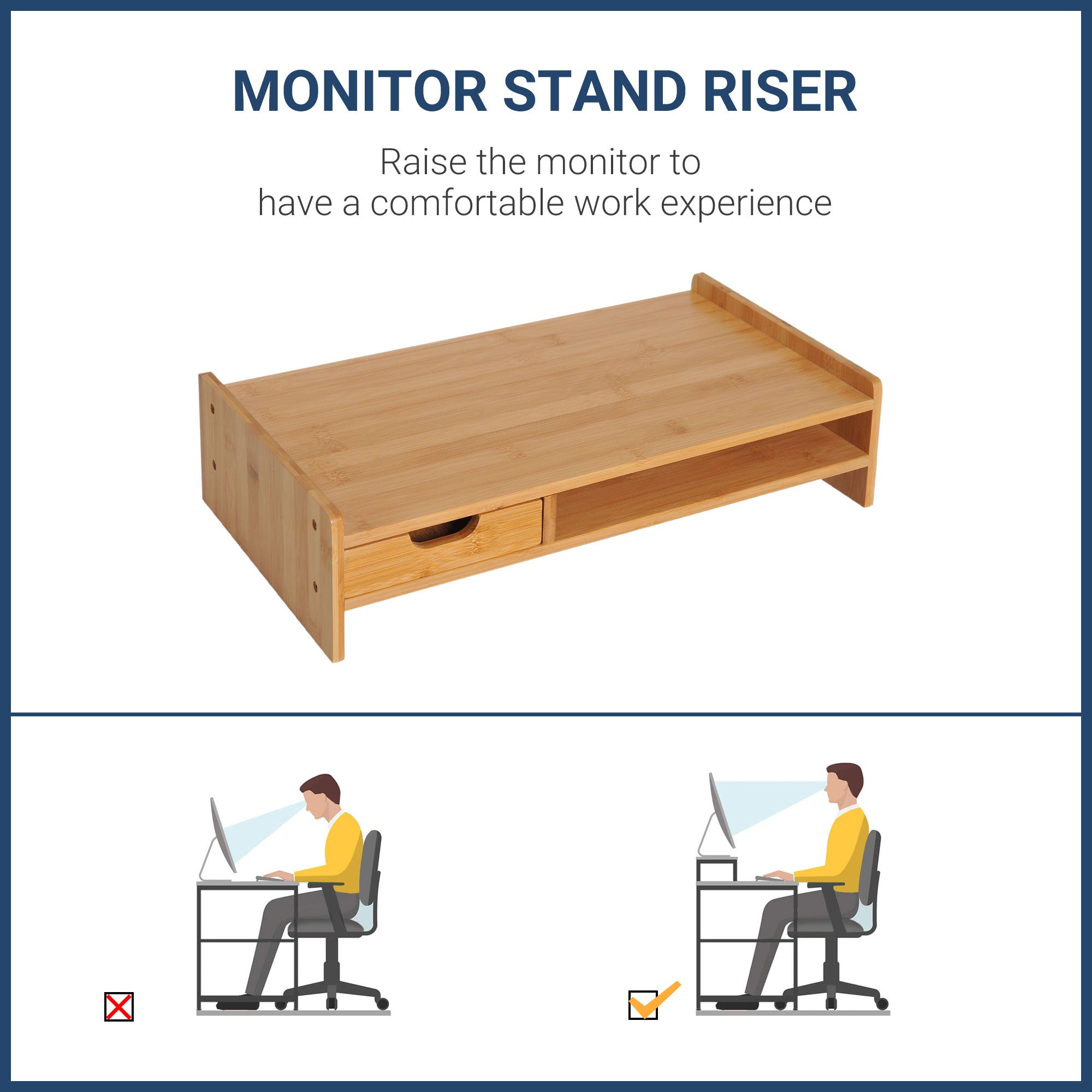 HOMCOM Monitor Riser Laptop PC Plinth Stand TV Computer Desktop Organiser W/ Drawer Bamboo 
