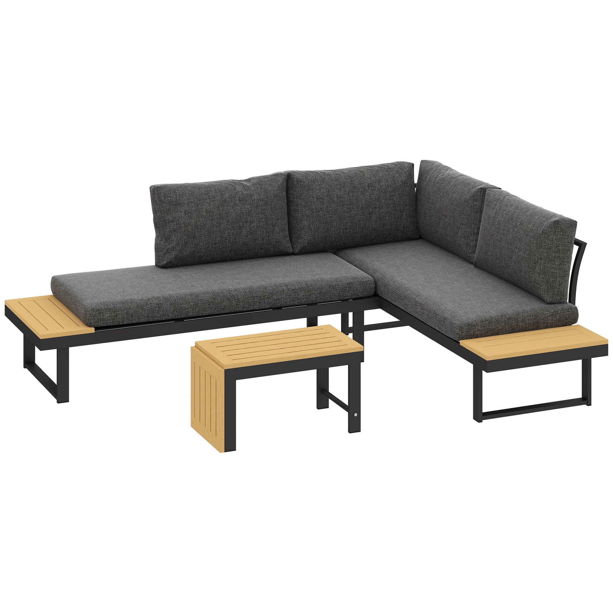 Outsunny 4 Seater L Shaped Aluminium Sectional Garden Furniture Set with 2 Loveseats and Wood-Plastic Coffee Table - Natural Wood 