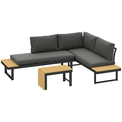 Outsunny 4 Seater L Shaped Aluminium Sectional Garden Furniture Set with 2 Loveseats and Wood-Plastic Coffee Table - Natural Wood 