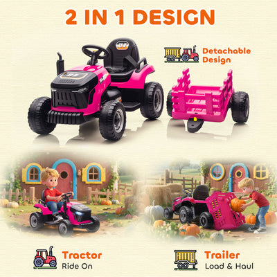 AIYAPLAY 12V Ride on Tractor and Trailer with Remote Control, Music, Shifter, Start-Up Sound, for Kids Ages 3-8 Years, Pink 