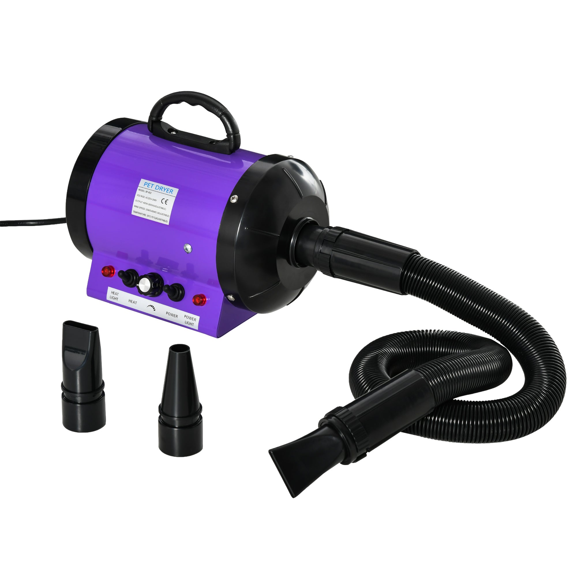 PawHut 2800W Dog Hair Dryer Pet Grooming Blaster Water Blower Dryer w/ 3 Nozzles, Purple 