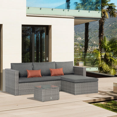 Outsunny 3 Pieces Outdoor PE Rattan Sofa Set, Patio Wicker Conversation Chaise Lounge Furniture w/ Tempered Glass Table-top & Soft Padded Cushion for Garden, Backyard, Lawn, Grey 