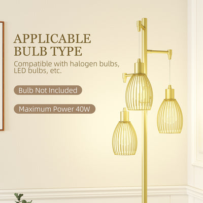 HOMCOM 3-Light Floor Lamp, 170cm Industrial Dimmable Standing Lamp with Steel Wire Cage Lampshades for Living Room, Bedroom, Dining Room, Study, Gold Tone 