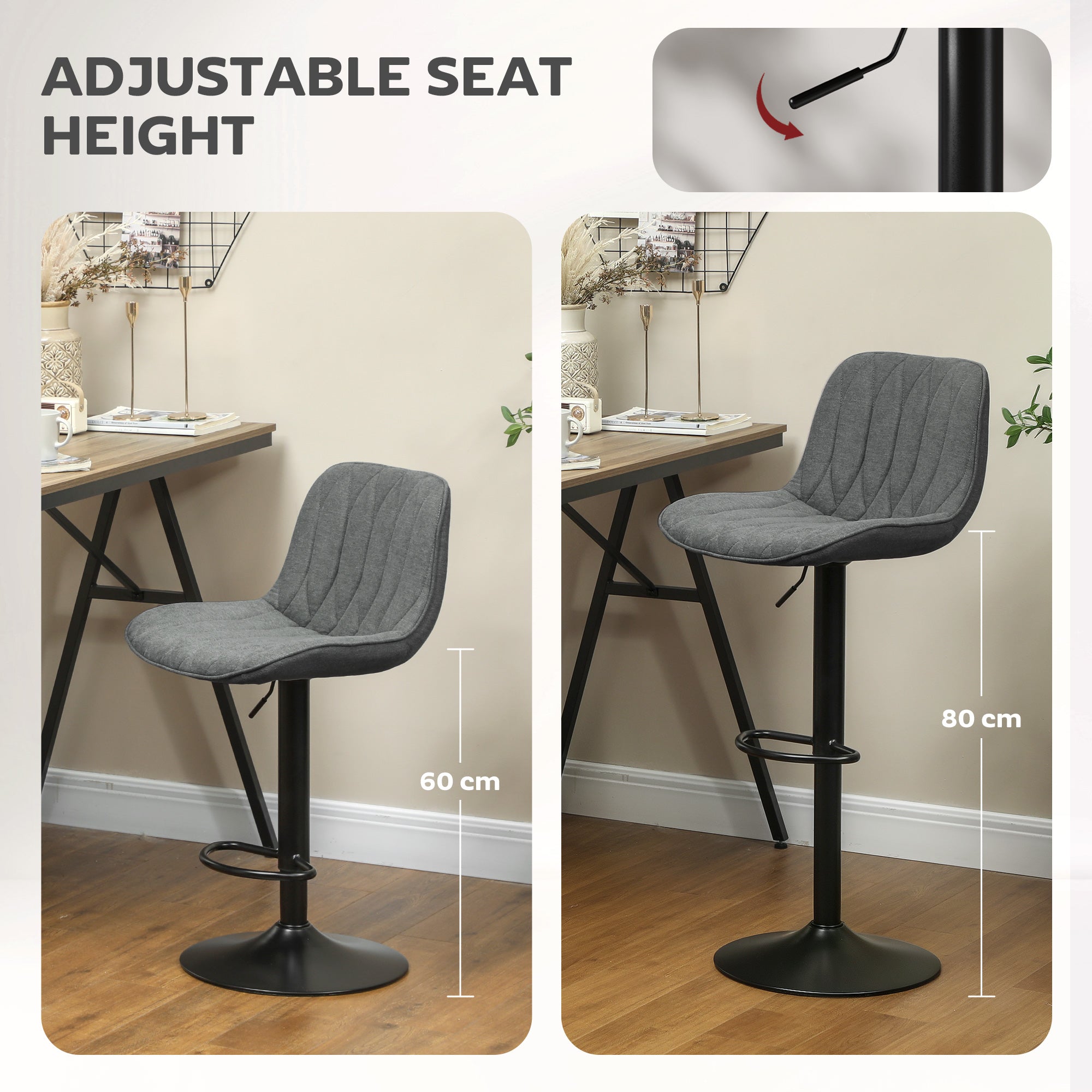 HOMCOM Set of Two Linen-Look Bar Stools - Charcoal Grey