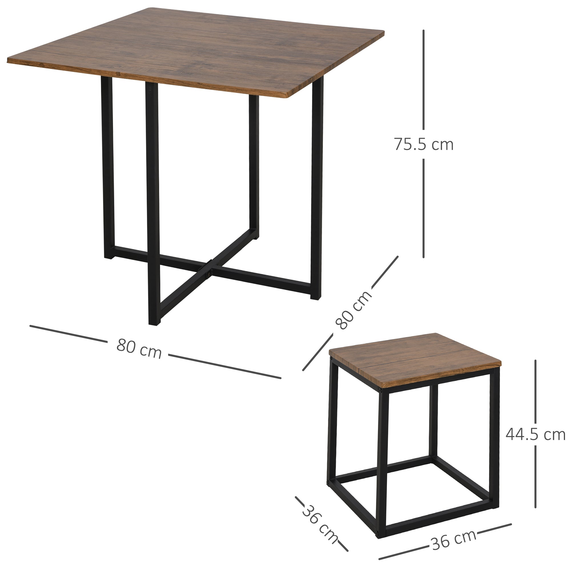 HOMCOM 5 Piece Dining Table and Chairs Set 4, Industrial Space Saving Table and Chairs with Metal Frame, Square Kitchen Table and Stools for Dining Room, Brown 