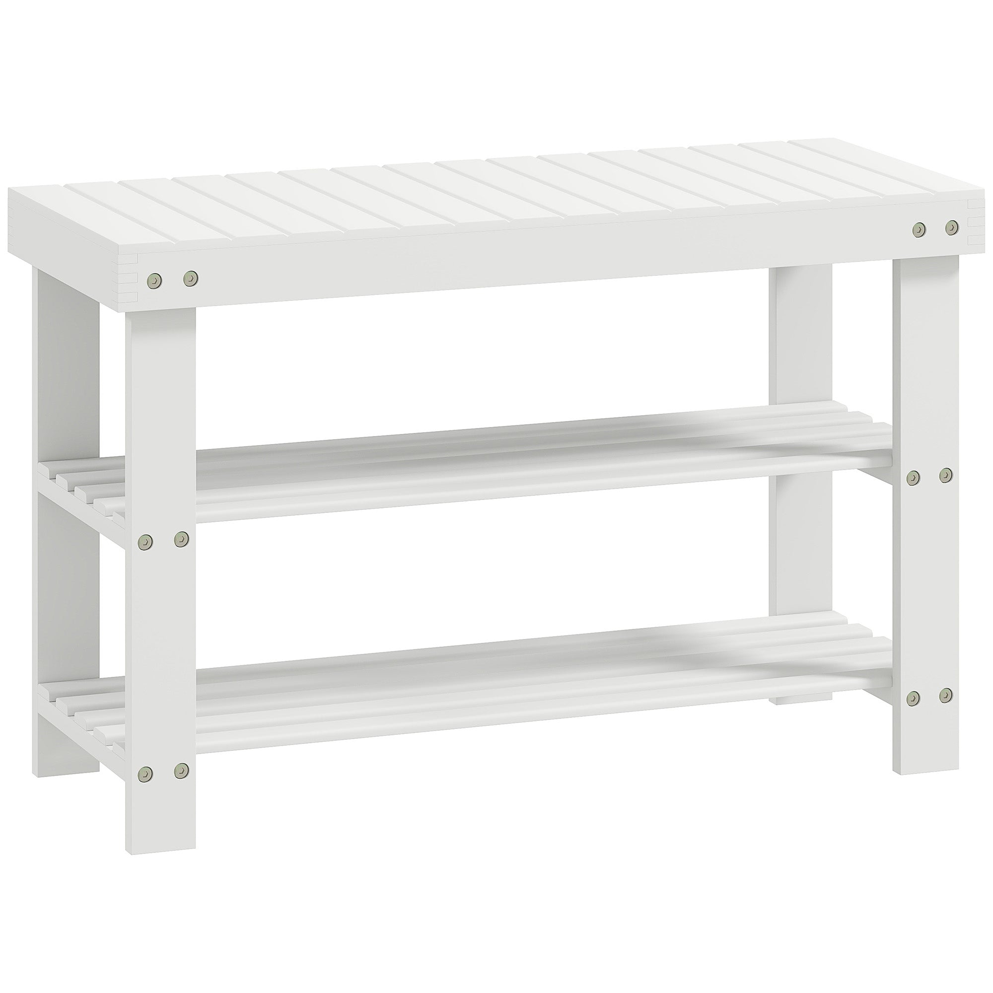 HOMCOM Two Shelf Bamboo Shoe Storage Bench - White 