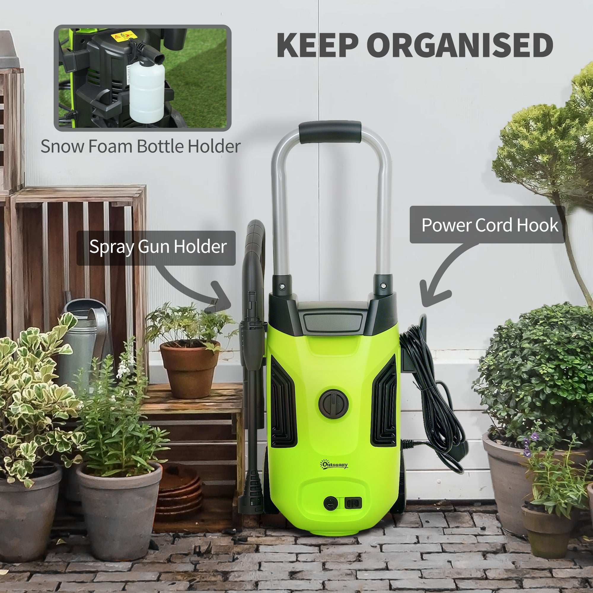 Outsunny 1800W High Pressure Washer, 150 Bar Pressure, 420 L/h Flow, Portable Electric Power Washer Jet Wash Cleaner with Adjustable Nozzle, 6M Hose, Steel Handle for Home Patio Car Driveway, Green 