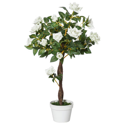 Outsunny Artificial Plants White Rose Floral in Pot, Fake Plants for Home Indoor Outdoor Decor, 90cm 