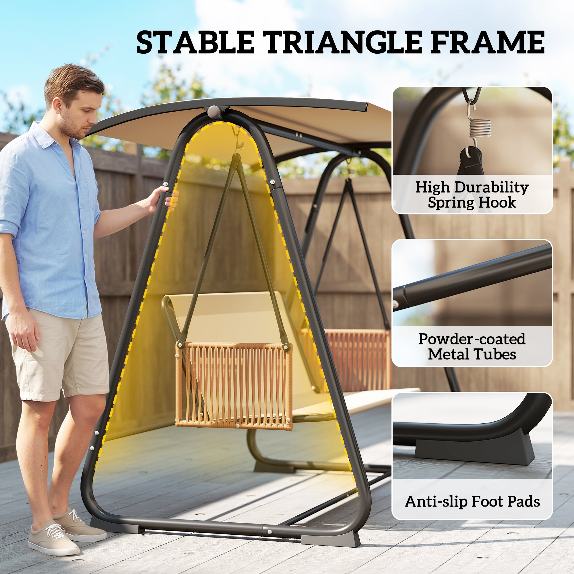 Outsunny 3 Seater Swing Chair with Adjustable Canopy, 360 kg Garden Swing Seat Outdoor Hammock Bench with Cushions, Sand Brown 