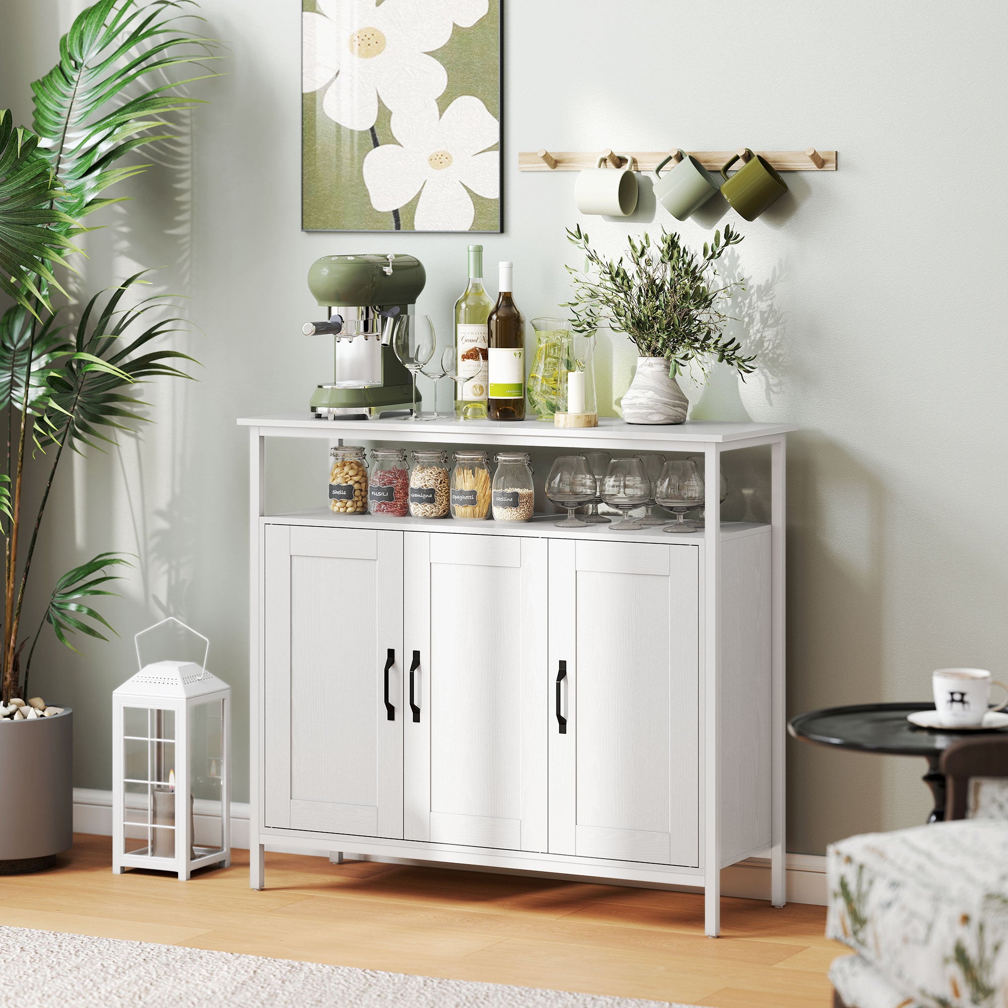 HOMCOM Industrial Kitchen Sideboard with Open Shelf, 2 Cabinets, Adjustable Shelves for Living Room, Dining Room, White 