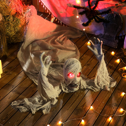 Outsunny 183 cm Life Size Halloween Animated Crawling Mummy with Glowing LED Eyes, 8/16H Timer, Scary Halloween Decorations, Battery Operated, Indoor Outdoor Party Props