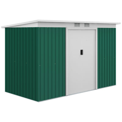 Outsunny 9ft x 4ft Metal Garden Shed, Outdoor Tool House with Foundation Kit, Ventilations and Double Doors, Deep Green 