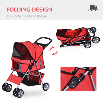 PawHut Dog Stroller with Rain Cover for Small Miniature Dogs, Folding Pet Pram with Cup Holder, Storage Basket, Reflective Strips, Red 