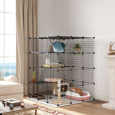PawHut Steel Wire Cat Cage Indoor with Hammock, Ramps, Doors, DIY Cat Enclosure for 1-3 Cats, Black 