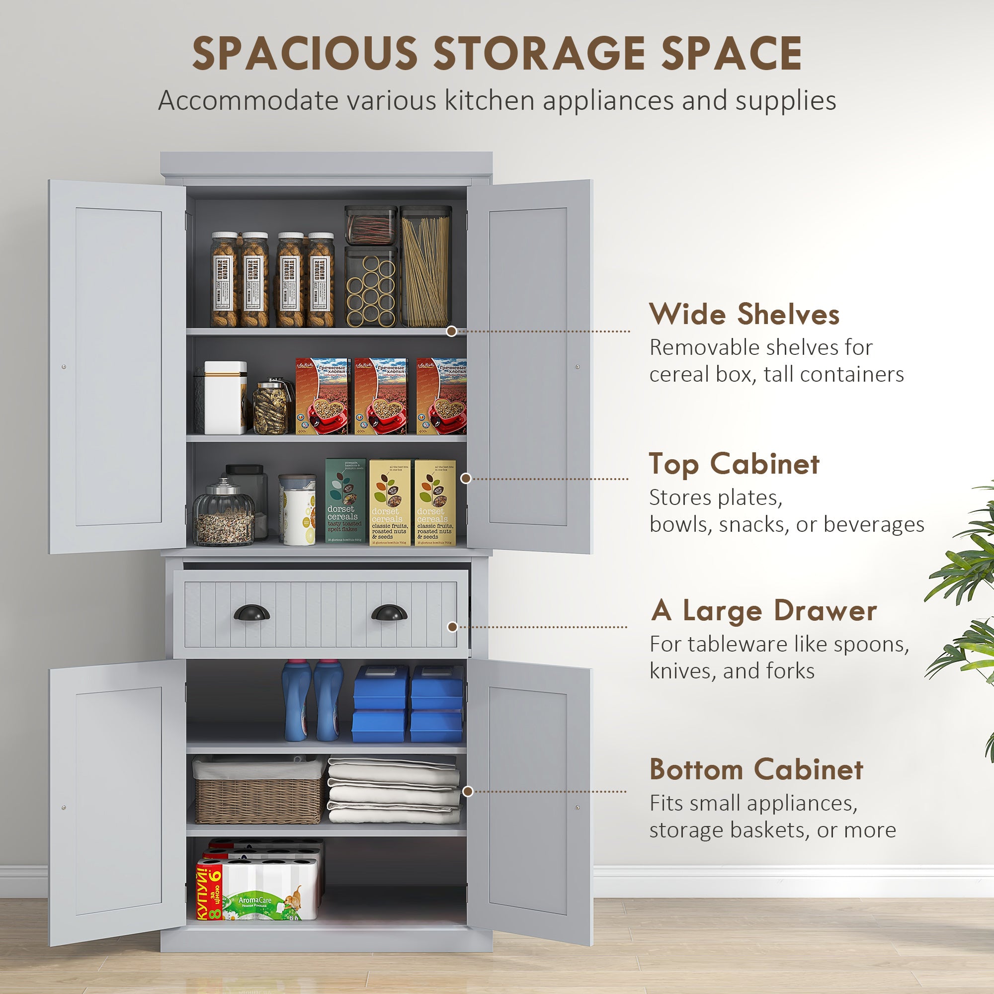 HOMCOM Multi-Storage Mid-Century Kitchen Cabinet - Grey 