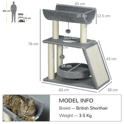 PawHut Cat Tree Tower, with Scratching Posts, Pad, Bed, Perch, Toy Ball - Light Grey 