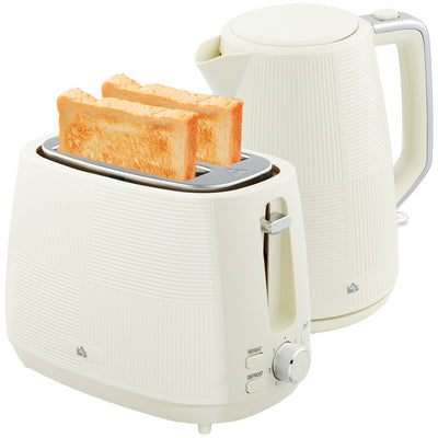 HOMCOM Kettle and Toaster Set, 1.7L 3000W Fast Boil Kettle & 2 Slice Toaster Kitchen Set with 7 Level Browning Controls, Defrost, Reheat, Boil-dry Protection, Cream White 