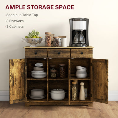 HOMCOM Sideboard with Rubberwood Top and Adjustable Shelves for Dining Room, Kitchen - Rustic Brown 
