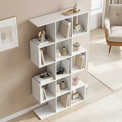 HOMCOM 5-Tier Bookshelf, S Shaped Geometric Bookcase with 15 Compartments, White Wood Effect 