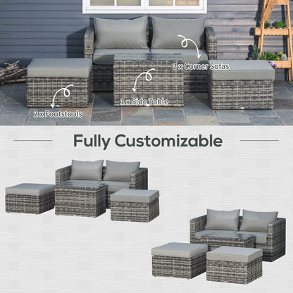 Outsunny Five Piece Rattan Armchair, Stool and Table Set - Mixed Grey 