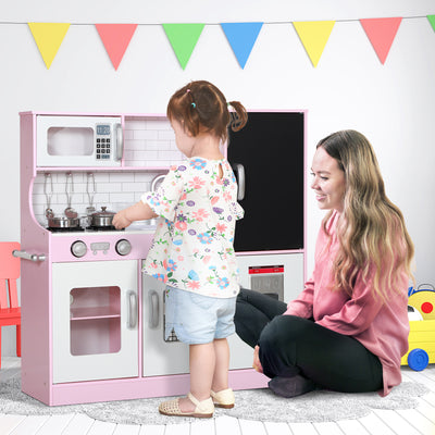 AIYAPLAY Pretend Play Kitchen, Kids Kitchen Playset w/ Toy Phone, Chalkboard, Microwave, Cooking Stove, Sink 