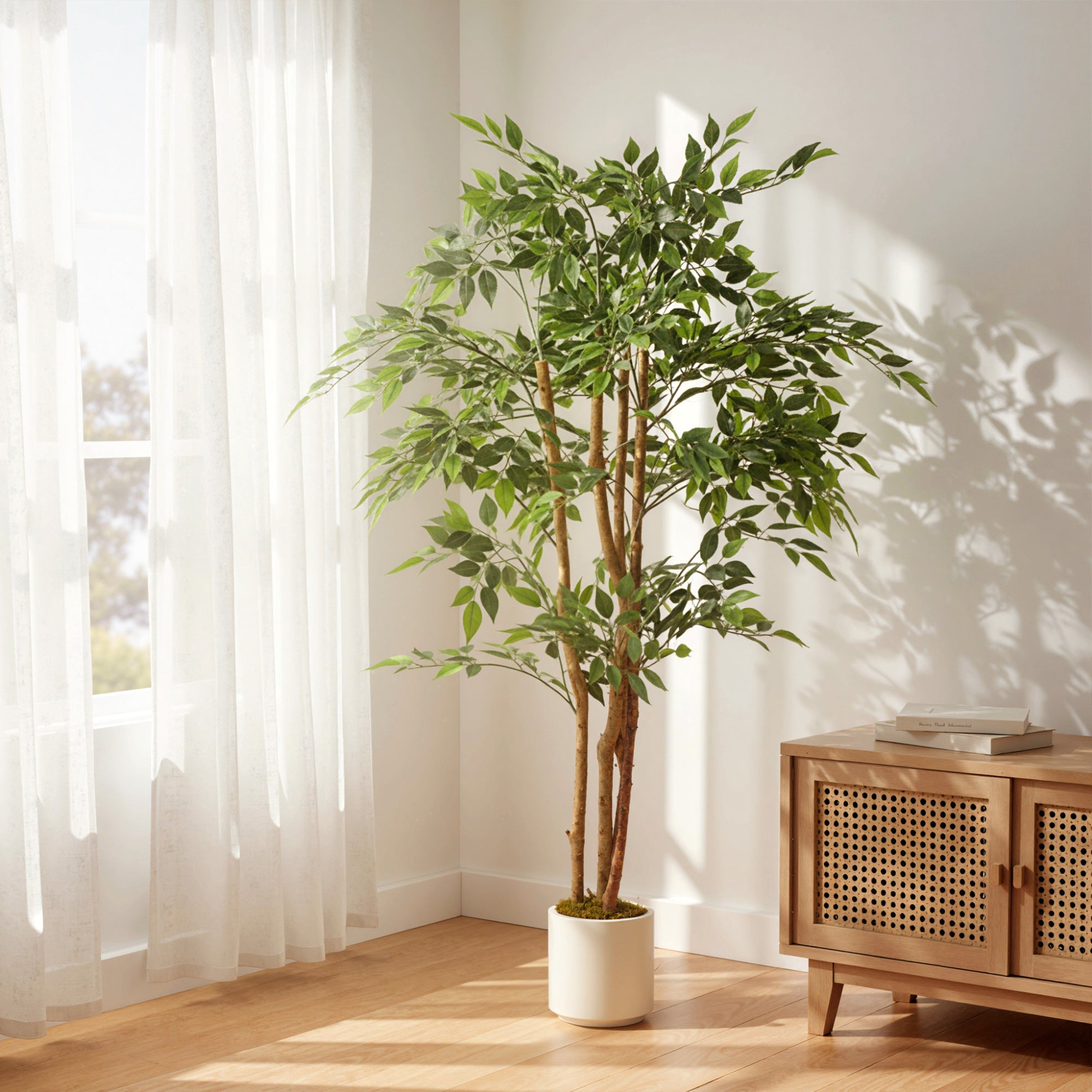 HOMCOM 150cm Artificial Ficus Tree, Fake Potted Tree with Solid Wood Trunk and Pot for Indoor, Green 