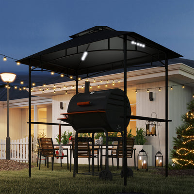 Outsunny 8' x 5' Grill Gazebo, Double Tiered BBQ Gazebo Shelter Canopy with LED Lights, 2 Side Shelves, Hooks, Dark Grey 