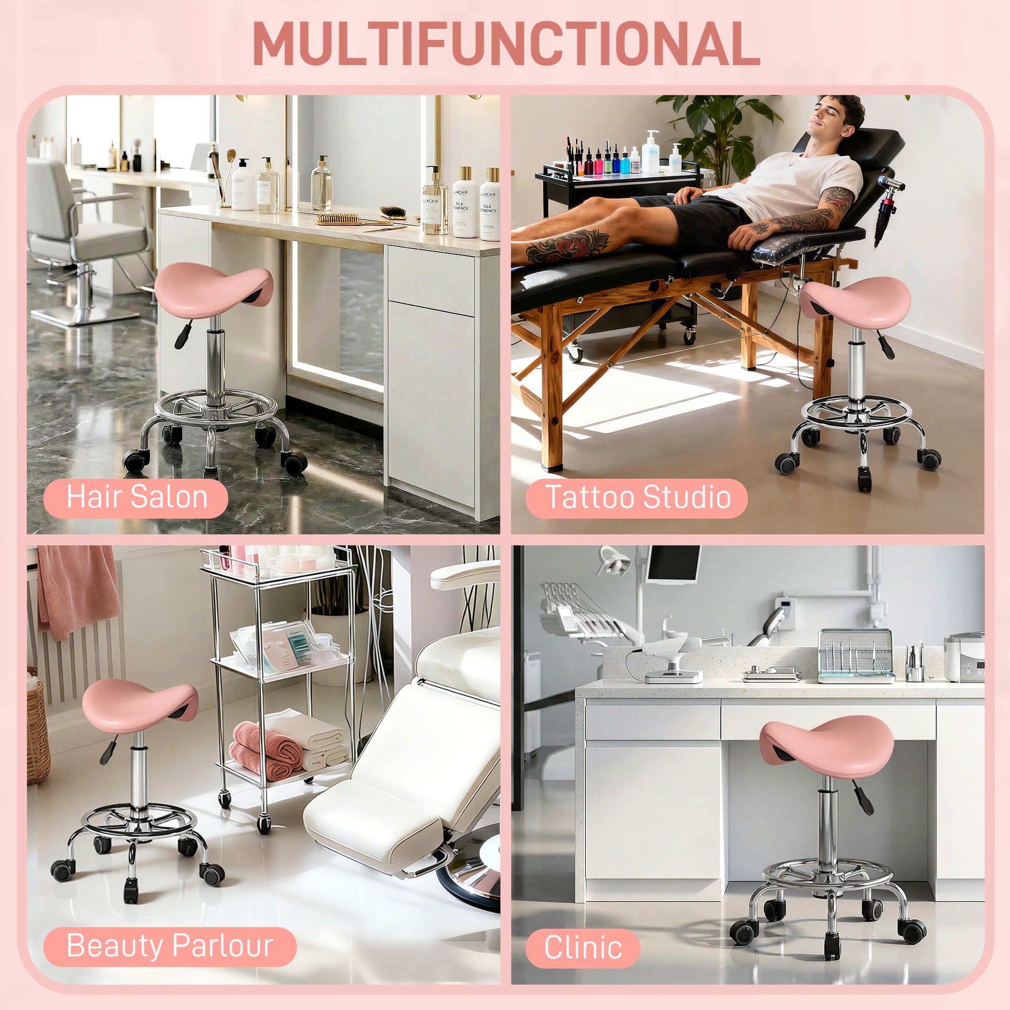HOMCOM Salon Saddle Stool, Rolling Saddle Chair for Massage, Spa, Clinic, Beauty, Hairdressing and Tattoo, Pink 
