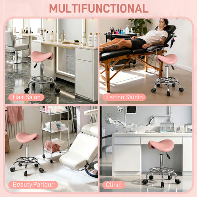 HOMCOM Salon Saddle Stool, Rolling Saddle Chair for Massage, Spa, Clinic, Beauty, Hairdressing and Tattoo, Pink 