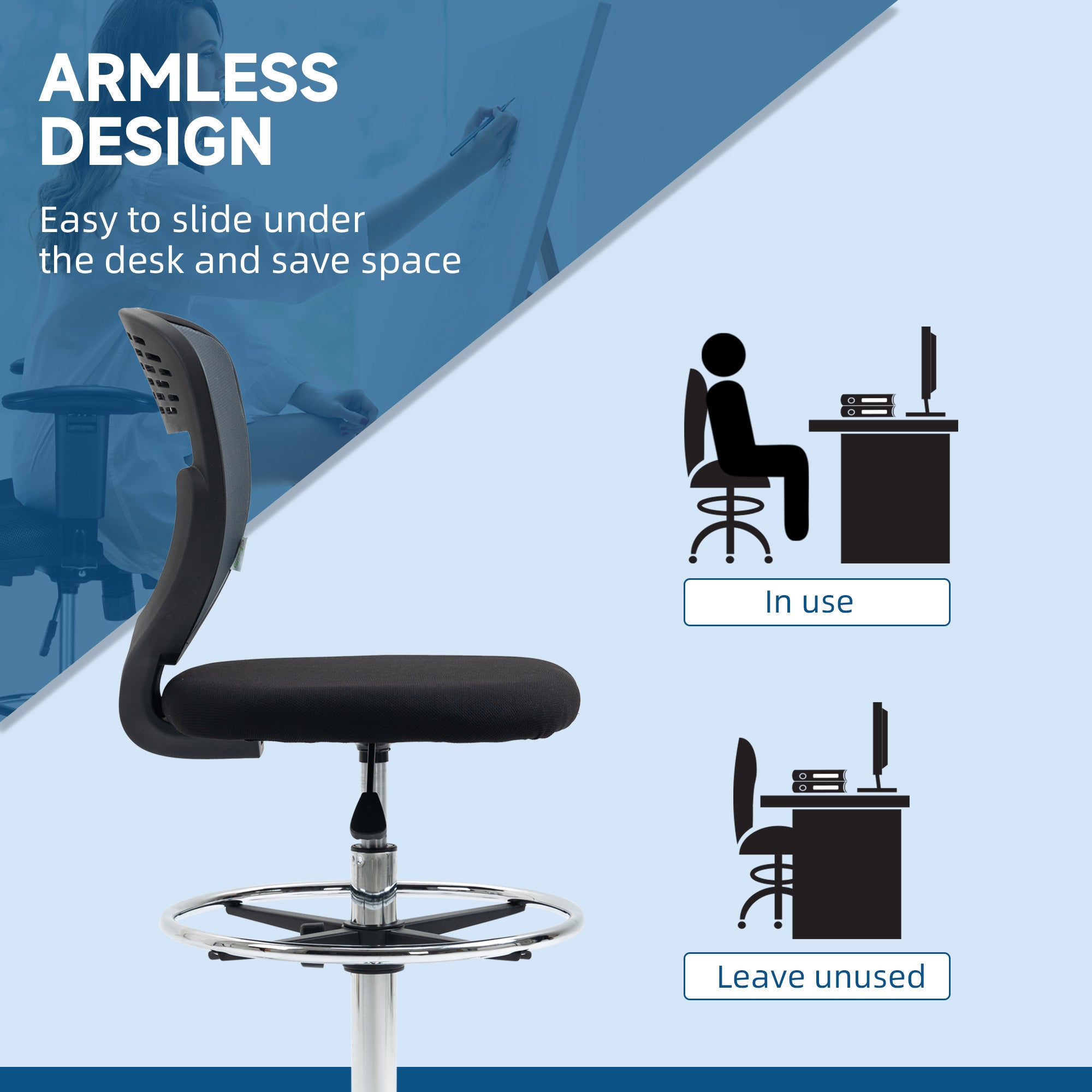 Vinsetto Drafting Chair, Swivel Office Draughtsman Chair, Mesh Standing Desk Chair with Adjustable Foot Ring, Armless, Grey 