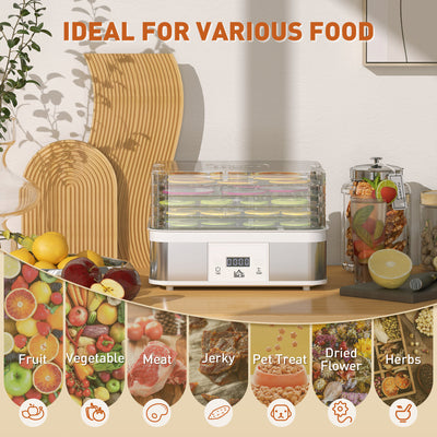 HOMCOM 5 Tier Food Dehydrator, 245W Stainless Steel Food Dryer Machine with Adjustable Temperature, Timer and LCD Display for Drying Fruit, Meat, Vegetable, Jerky and Pet Treat, White 