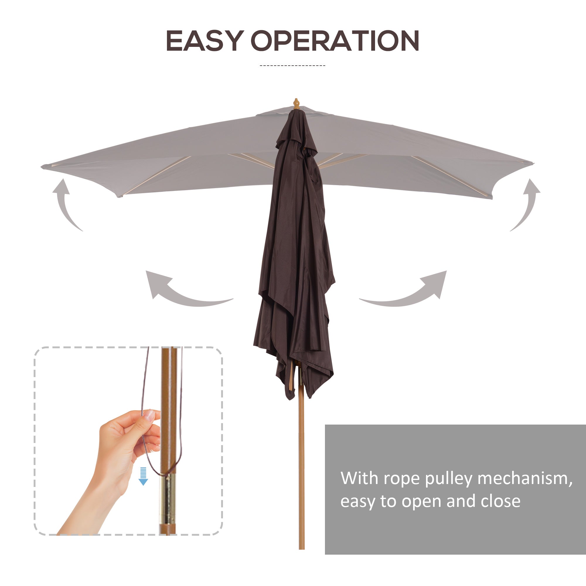 Outsunny 2 x 3m Wooden Garden Parasol Umbrella Outdoor Sun Shade Canopy, Dark Coffee 
