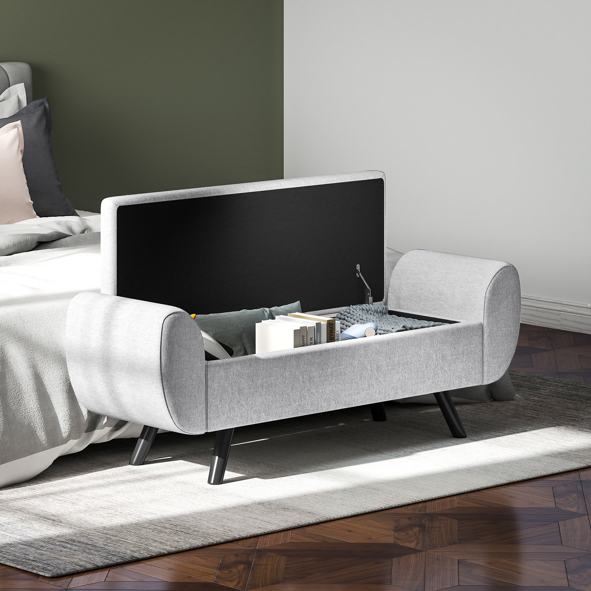HOMCOM Storage Ottoman with Armrest, Upholstered Linen Storage Bench, Window Seat with Rubberwood Legs, Footstool for Bedroom Living Room, Hallway, Light Grey 
