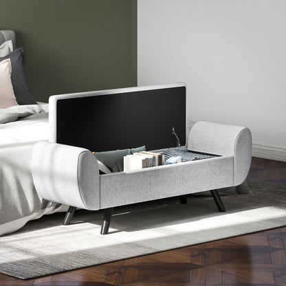 HOMCOM Storage Ottoman with Armrest, Upholstered Linen Storage Bench, Window Seat with Rubberwood Legs, Footstool for Bedroom Living Room, Hallway, Light Grey 