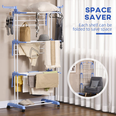 HOMCOM Foldable Clothes Drying Rack, 4-Tier Steel Garment Laundry Rack with Castors for Indoor and Outdoor Use, Blue 