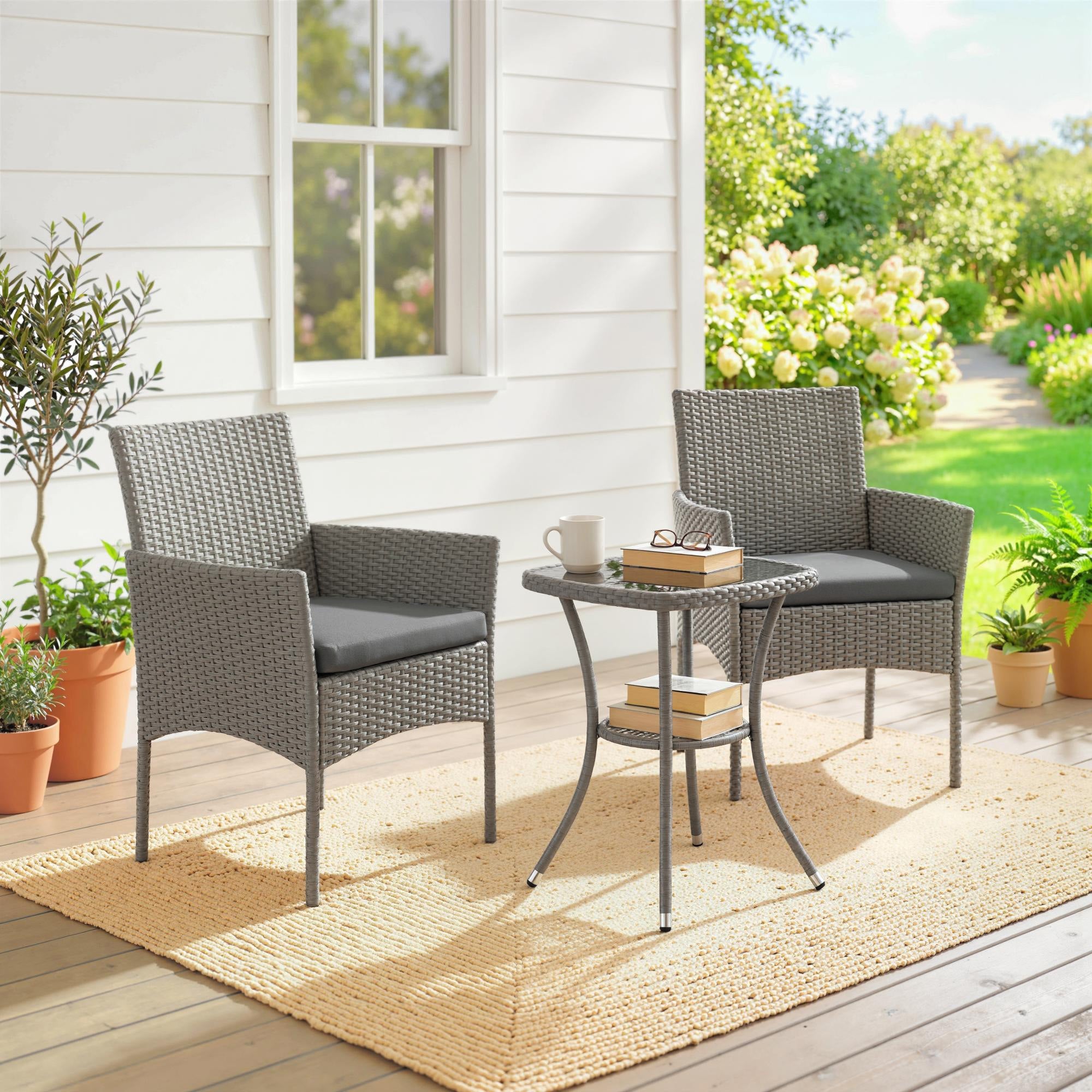 Outsunny 3 Piece Rattan Bistro Set, PE Wicker Garden Furniture Conversation Set with 2 Tier Glass-Top Table, Chairs, Dark Grey 