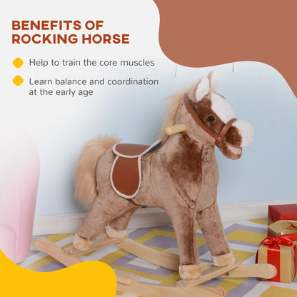 HOMCOM Kids Children Plush Rocking Horse Wooden Base Ride On Toy Rocker with Handle Grip Traditional Toy Fun Gift for Age 3+ (Brown) 