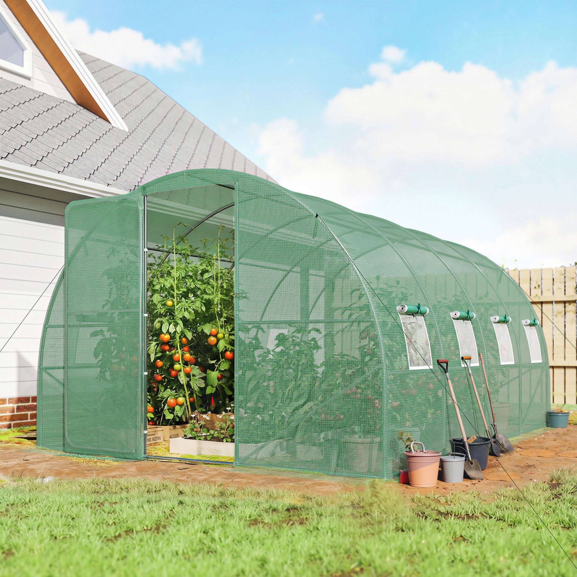 Outsunny 3 x 4 m Walk-in Polytunnel Greenhouse with Hinged Door and 8 Roll Up Mesh Windows, Garden Tunnel Warm House Tent, Green 