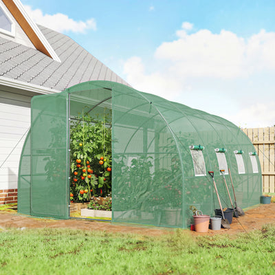 Outsunny 3 x 4 m Walk-in Polytunnel Greenhouse with Hinged Door and 8 Roll Up Mesh Windows, Garden Tunnel Warm House Tent, Green 