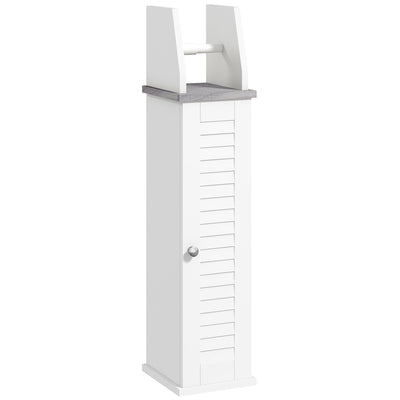 kleankin Slim Bathroom Floor Cabinet with Cupboard, Roll Holder and Adjustable Shelf, Toilet Roll Storage Unit for Toilet Paper, Shampoo, White 