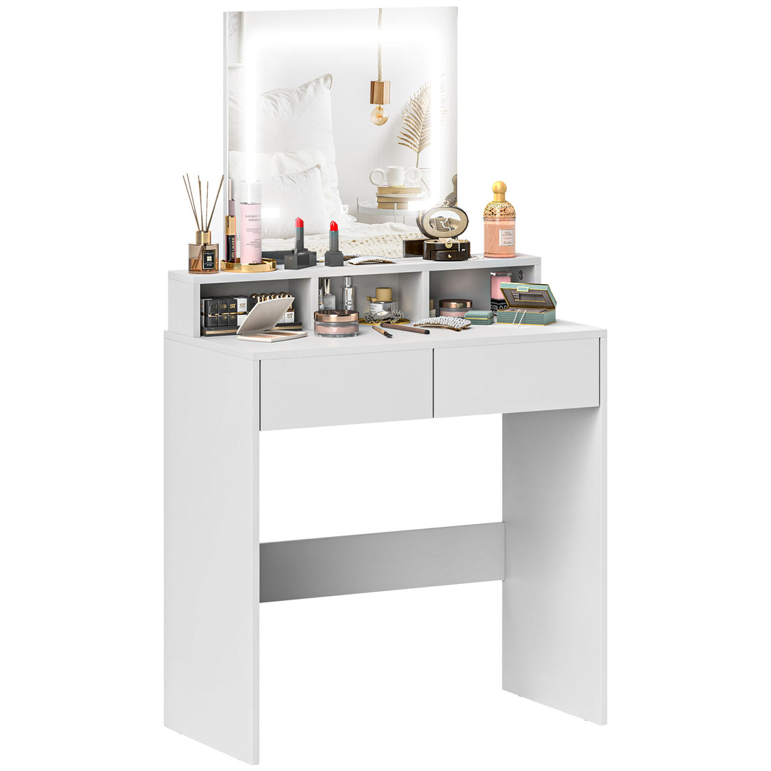 HOMCOM Dressing Table with Mirror and LED Lights, Vanity Table with 2 Drawers, 3 Compartments, 3 Colour Lighting, for Bedroom, Modern Dresser Makeup Desk for Women and Girls, White 