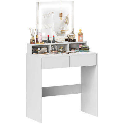 HOMCOM Dressing Table with Mirror and LED Lights, Vanity Table with 2 Drawers, 3 Compartments, 3 Colour Lighting, for Bedroom, Modern Dresser Makeup Desk for Women and Girls, White 
