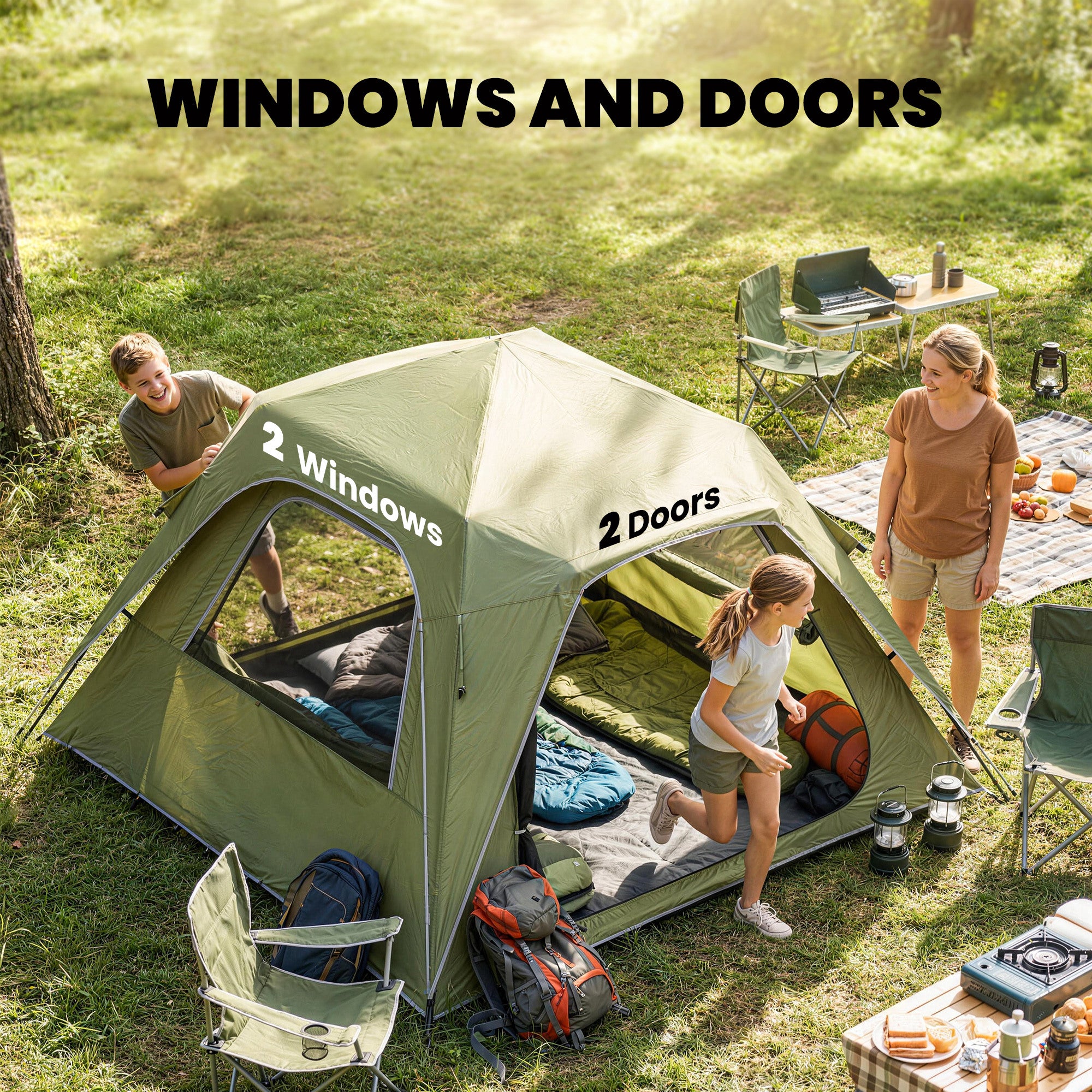Outsunny Pop Up Tent 3000mm Waterproof Camping Tents with Mesh Windows 2-3 People Green 