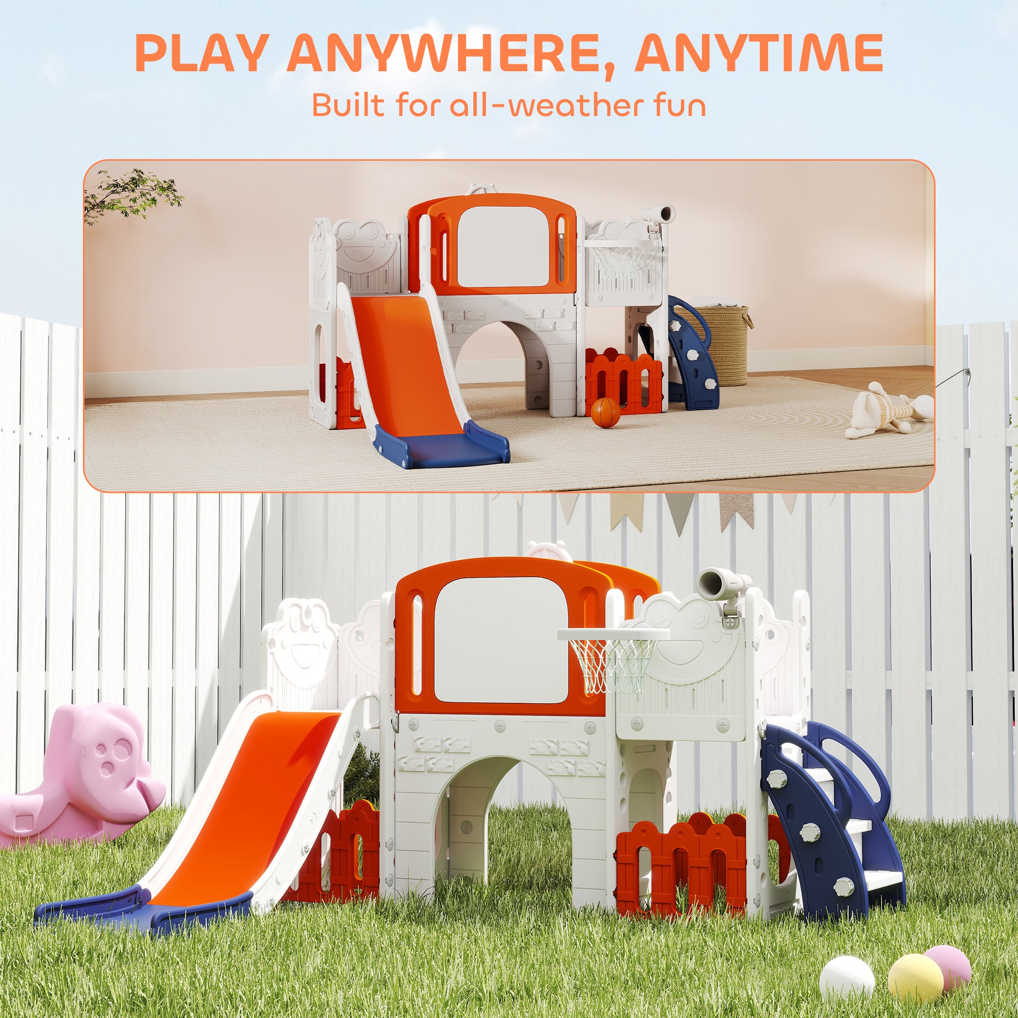 AIYAPLAY 7 in 1 Toddler Slide Set with Basketball Hoop, Climbing Frame, Telescope, Drawing Board, Storage Box, Orange 